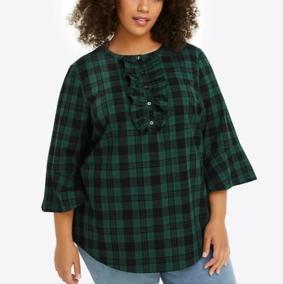 Draper James Tops - Draper James sz XXL Ruffle Placket Tunic green Blackwatch Plaid shirt WT102